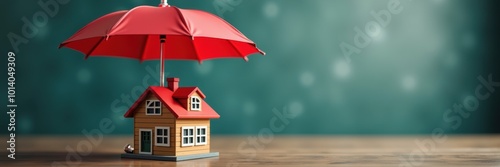 A small house protected by a red umbrella, symbolizing home insurance and safety in real estate. Ideal for financial services and insurance marketing.