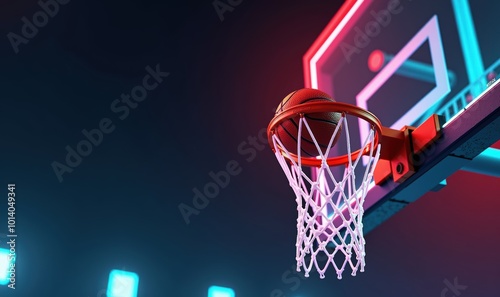 A vibrant and dynamic basketball hoop set against a neon-lit background, capturing the excitement of basketball and modern sports culture.