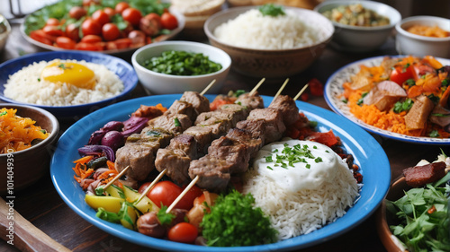 A sumptuous Turkish lunch featuring succulent kebabs, aromatic rice, and vibrant salads, Generative AI