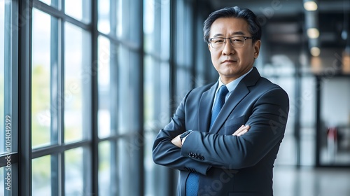 Senior mature Asian businessman in formal wear, confidently posing in an office setting