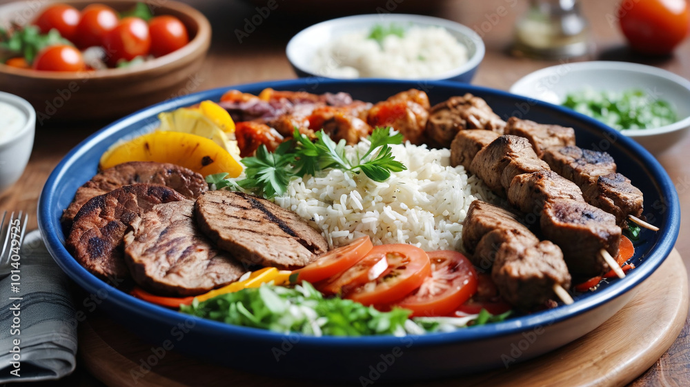 Hearty Turkish lunch with savory kebabs, fresh salads, and spiced rice, Generative AI Hearty Turkish lunch with savory kebabs, fresh salads, and spiced rice, Generative AI