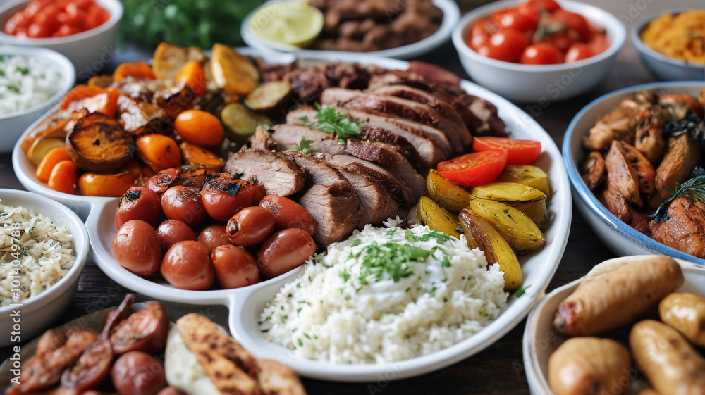 Delicious Turkish lunch spread with marinated meats, roasted vegetables, and pilaf, Generative AI Delicious Turkish lunch spread with marinated meats, roasted vegetables, and pilaf, Generative AI