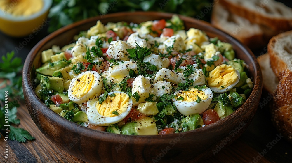 A wooden bowl filled with a salad of chopped avocado, eggs, tomatoes, and herbs, served with slices of bread. A wooden bowl filled with a salad of chopped avocado, eggs, tomatoes, and herbs, served with slices of bread.
