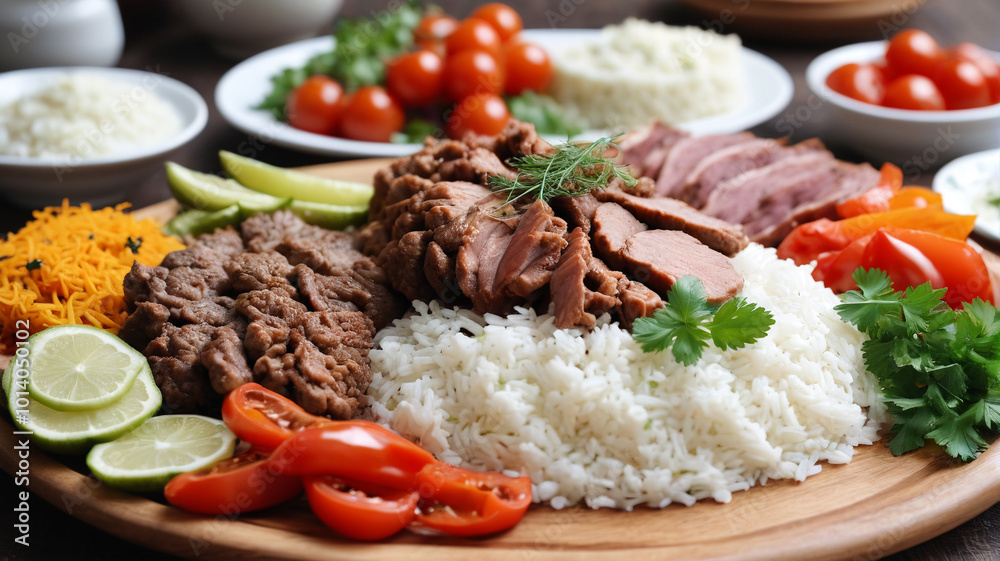 Traditional Turkish lunch filled with tender meats, fluffy rice, and vibrant meze, Generative AI Traditional Turkish lunch filled with tender meats, fluffy rice, and vibrant meze, Generative AI