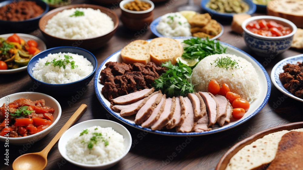 Traditional Turkish lunch filled with tender meats, fluffy rice, and vibrant meze, Generative AI Traditional Turkish lunch filled with tender meats, fluffy rice, and vibrant meze, Generative AI
