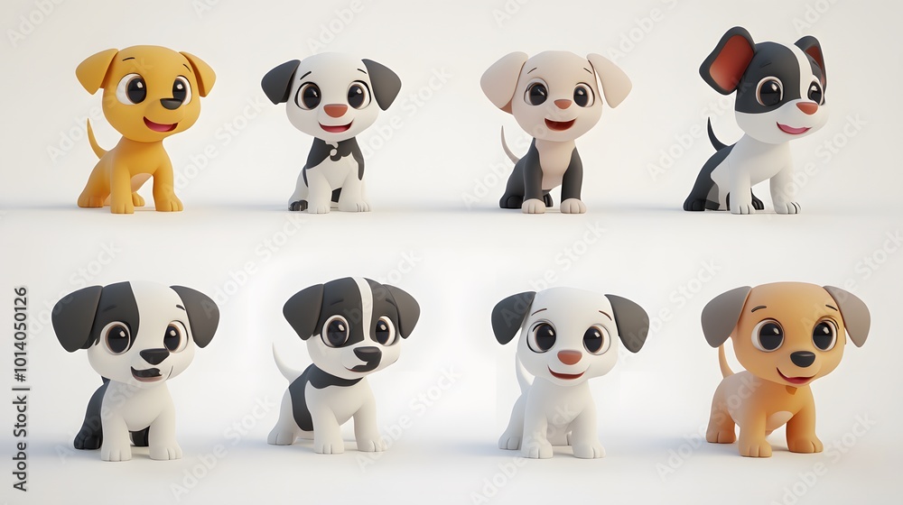 Set of cute little puppy dogs in a creative minimal 3D style, showcasing their adorable features against a clean white background Set of cute little puppy dogs in a creative minimal 3D style, showcasing their adorable features against a clean white background