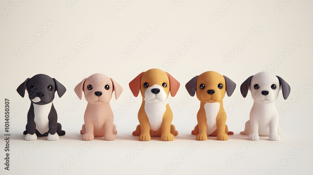 Set of cute little puppy dogs in a creative minimal 3D style, showcasing their adorable features against a clean white background Set of cute little puppy dogs in a creative minimal 3D style, showcasing their adorable features against a clean white background