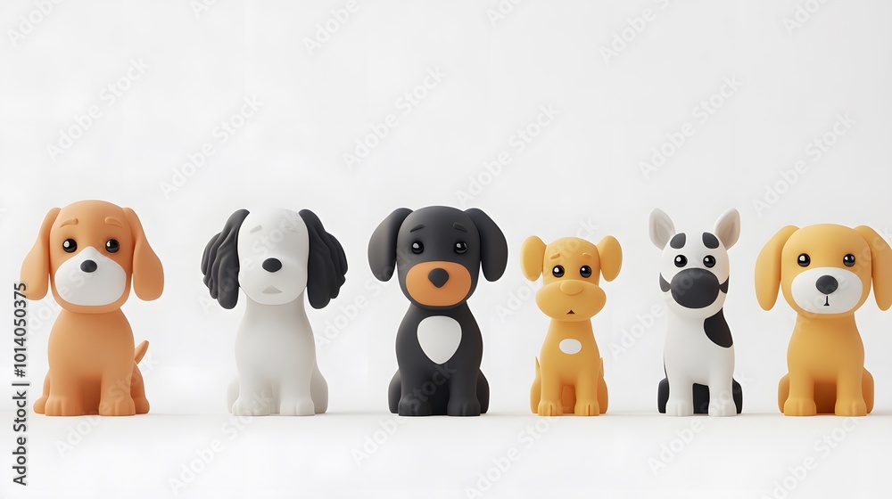 Set of cute little puppy dogs in a creative minimal 3D style, showcasing their adorable features against a clean white background Set of cute little puppy dogs in a creative minimal 3D style, showcasing their adorable features against a clean white background