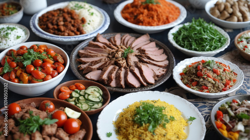 Aromatic Turkish lunch with marinated meats, seasoned rice, and colorful salads, Generative AI