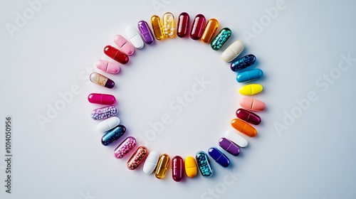 A colorful selection of pharmaceutical medicine forming a circular design on a solid white surface.