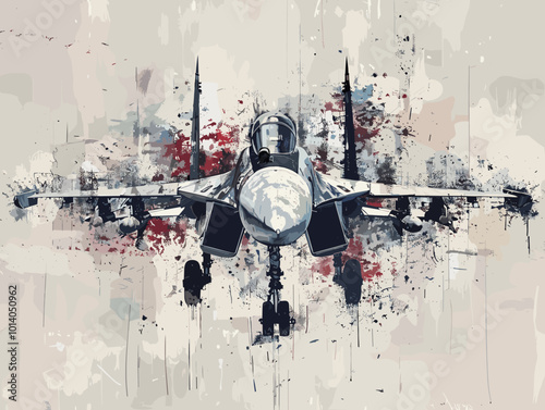 A colorful jet is flying through the sky. The colors are bright and vibrant, giving the image a sense of energy and excitement. The jet is the main focus of the painting, with its wings