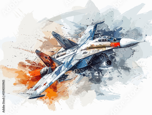 A colorful jet is flying through the sky. The colors are bright and vibrant, giving the image a sense of energy and excitement. The jet is the main focus of the painting, with its wings