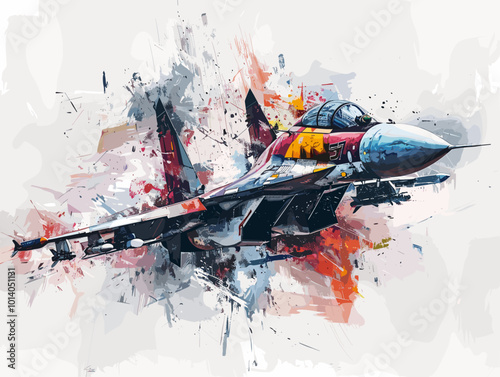 A colorful jet is flying through the sky. The colors are bright and vibrant, giving the image a sense of energy and excitement. The jet is the main focus of the painting, with its wings