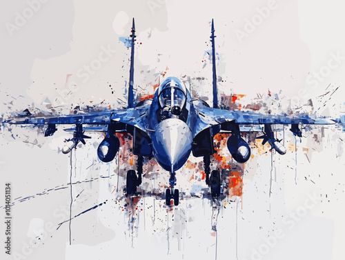 A colorful jet is flying through the sky. The colors are bright and vibrant, giving the image a sense of energy and excitement. The jet is the main focus of the painting, with its wings