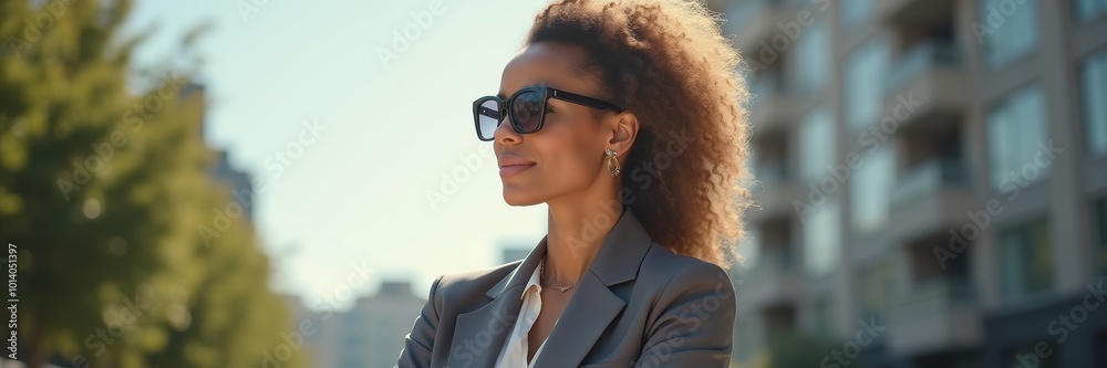 Confident businesswoman in sunglasses, exuding professionalism and style, set against an urban backdrop, perfect for marketing, fashion, and corporate themes.