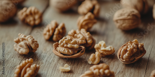 A close-up shot of cracked walnuts scattered on a rustic wooden table, with whole walnuts and walnut halves arranged around the scene, emphasizing the rich texture of the shells and kernels.