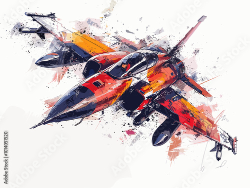 Military fighter jet on the background of an oil painting. Illustration