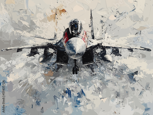 Military fighter jet on the background of an oil painting. Illustration