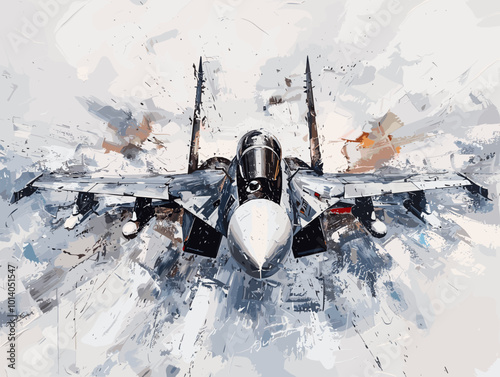 Military fighter jet on the background of an oil painting. Illustration