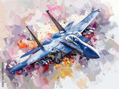 Military fighter jet on the background of an oil painting. Illustration