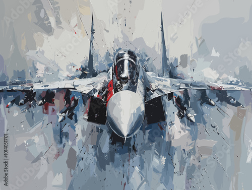 Military fighter jet on the background of an oil painting. Illustration