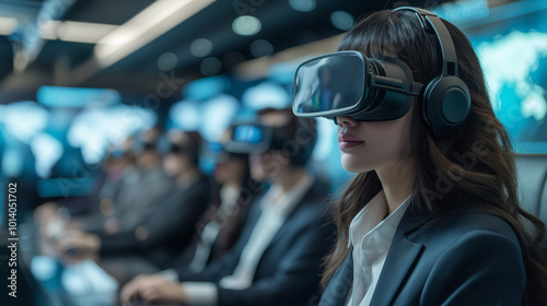 Diverse group of professionals using VR headsets in a modern office setting.