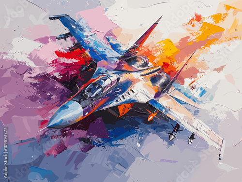 Military fighter jet on the background of an oil painting. Illustration