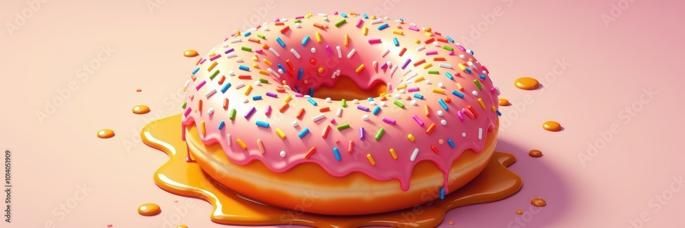 Fototapeta premium Colorful donut drizzled with icing and sprinkles, set on a playful pink background. Perfect for bakery promotions, dessert menus, or social media content.