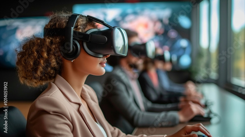 Diverse group of professionals using VR headsets in a modern office setting.