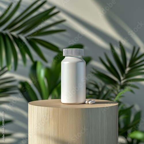 3d render of cosmetic bottle on a wooden stand with palm leaves background