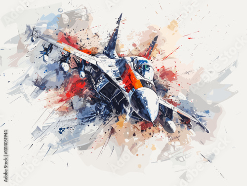 Military fighter jet on the background of an oil painting. Illustration