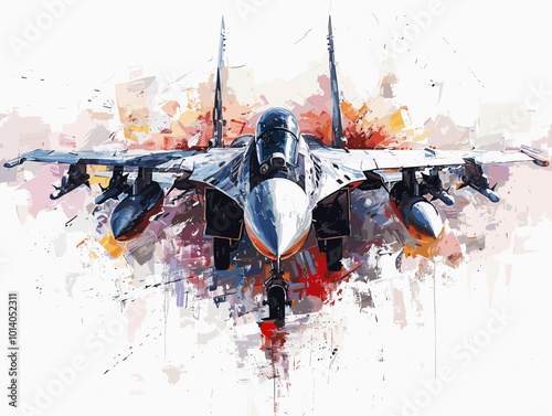 Military fighter jet on the background of an oil painting. Illustration