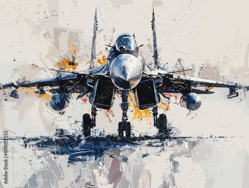 Military fighter jet on the background of an oil painting. Illustration