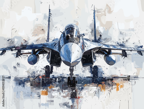 Military fighter jet on the background of an oil painting. Illustration