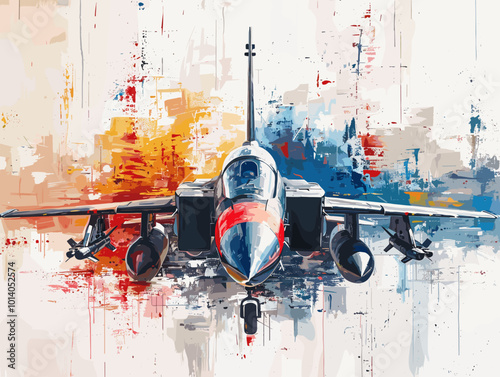 Military fighter jet on the background of an oil painting. Illustration