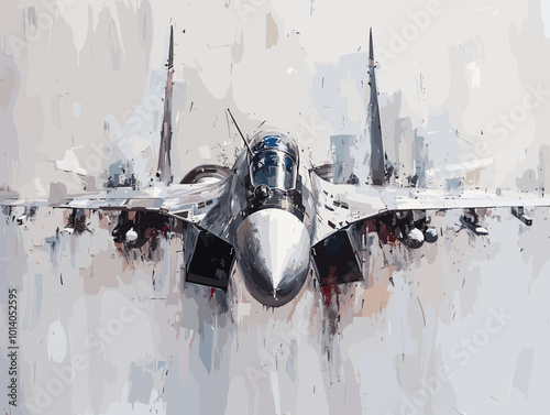 Military fighter jet on the background of an oil painting. Illustration