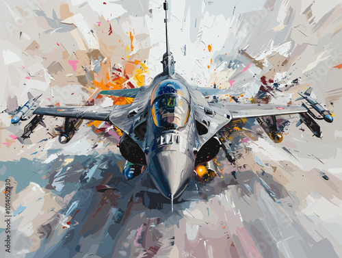 A colorful jet is flying through the sky. The colors are bright and vibrant, giving the image a sense of energy and excitement. The jet is the main focus of the painting, with its wings