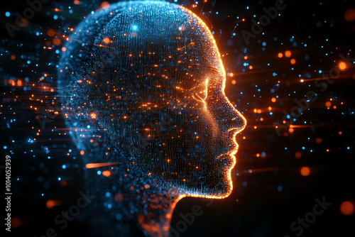 Futuristic digital face with blue and orange neural particles photo