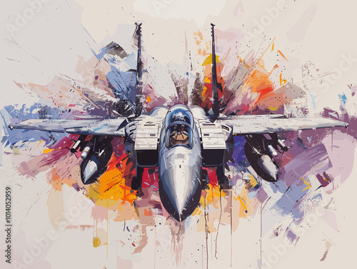 A colorful jet is flying through the sky. The colors are bright and vibrant, giving the image a sense of energy and excitement. The jet is the main focus of the painting, with its wings