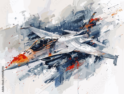 A colorful jet is flying through the sky. The colors are bright and vibrant, giving the image a sense of energy and excitement. The jet is the main focus of the painting, with its wings