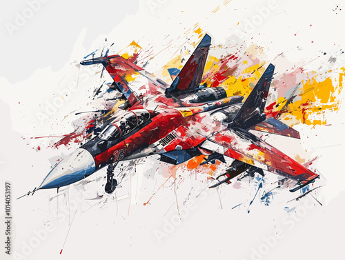 A colorful jet is flying through the sky. The colors are bright and vibrant, giving the image a sense of energy and excitement. The jet is the main focus of the painting, with its wings