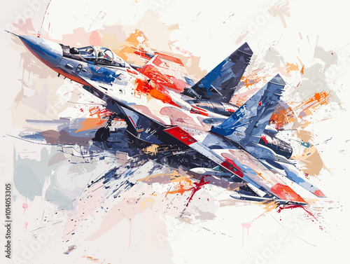 A colorful jet is flying through the sky. The colors are bright and vibrant, giving the image a sense of energy and excitement. The jet is the main focus of the painting, with its wings