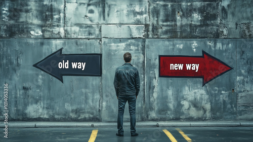  A man stands in front of a grey wall with two arrows pointing in opposite directions, one labeled 