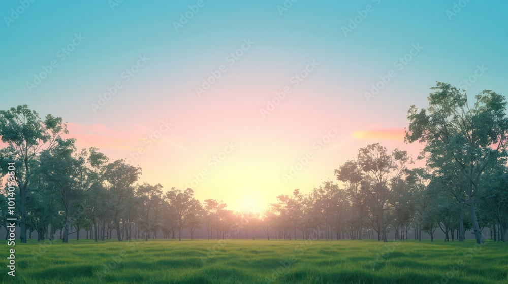 A serene landscape at sunset, featuring a lush green field bordered by trees under a colorful sky. A serene landscape at sunset, featuring a lush green field bordered by trees under a colorful sky.