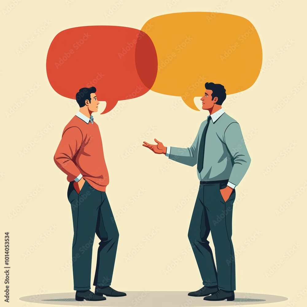 Two professionals engage in a conversation, symbolizing communication and collaboration in a business setting, enhanced by colorful speech bubbles. Two professionals engage in a conversation, symbolizing communication and collaboration in a business setting, enhanced by colorful speech bubbles.
