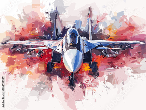 A colorful jet is flying through the sky. The colors are bright and vibrant, giving the image a sense of energy and excitement. The jet is the main focus of the painting, with its wings