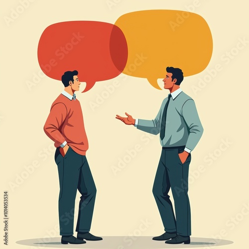 Two professionals engage in a conversation, symbolizing communication and collaboration in a business setting, enhanced by colorful speech bubbles.