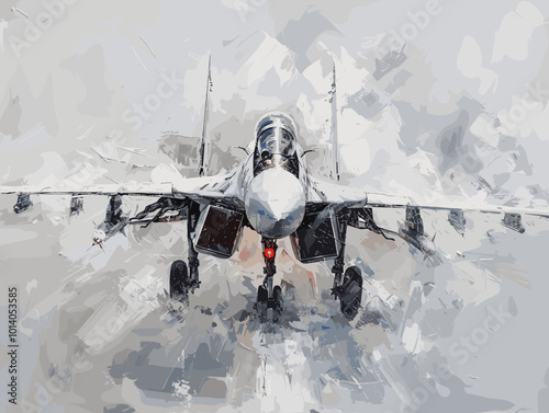 A colorful jet is flying through the sky. The colors are bright and vibrant, giving the image a sense of energy and excitement. The jet is the main focus of the painting, with its wings