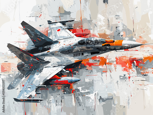 A colorful jet is flying through the sky. The colors are bright and vibrant, giving the image a sense of energy and excitement. The jet is the main focus of the painting, with its wings