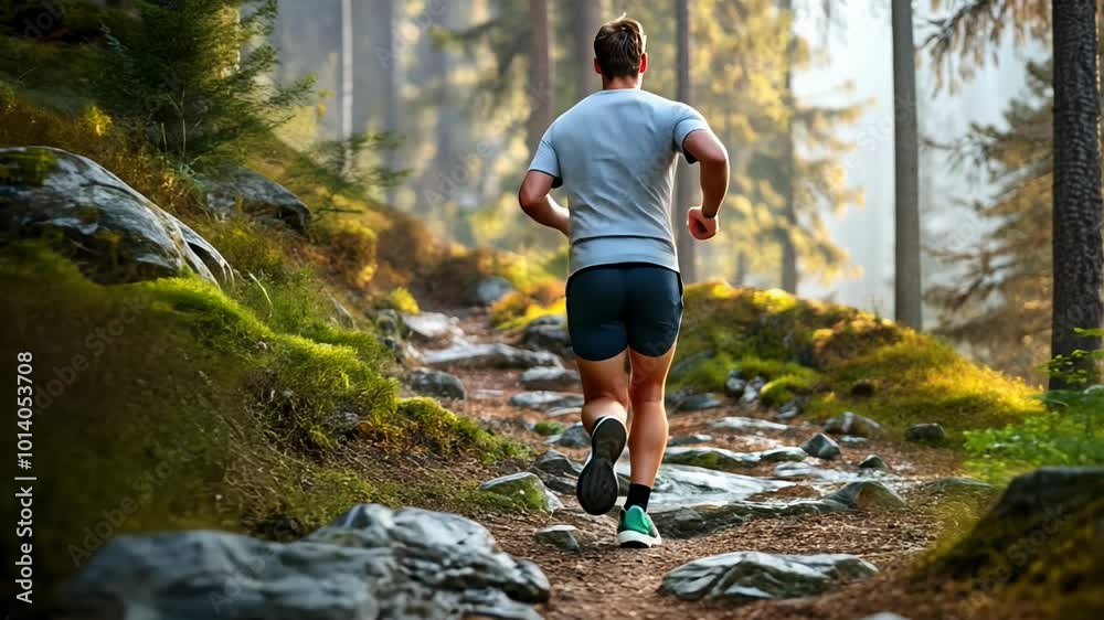 A runner navigates a beautiful forest trail in the early morning, surrounded by lush greenery and rocky terrain, embracing a refreshing outdoor workout. A runner navigates a beautiful forest trail in the early morning, surrounded by lush greenery and rocky terrain, embracing a refreshing outdoor workout.